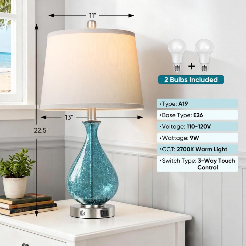 QiMH Glass Table Lamp for Living Room Bedroom Set of 2, 22.5" LED Light with Touch Control, Blue 3 Way Dimmable Modern Bedside Lamps for Home Decor with White Fabric Shade - Image 2
