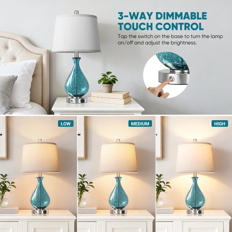 QiMH Glass Table Lamp for Living Room Bedroom Set of 2, 22.5" LED Light with Touch Control, Blue 3 Way Dimmable Modern Bedside Lamps for Home Decor with White Fabric Shade - Image 3