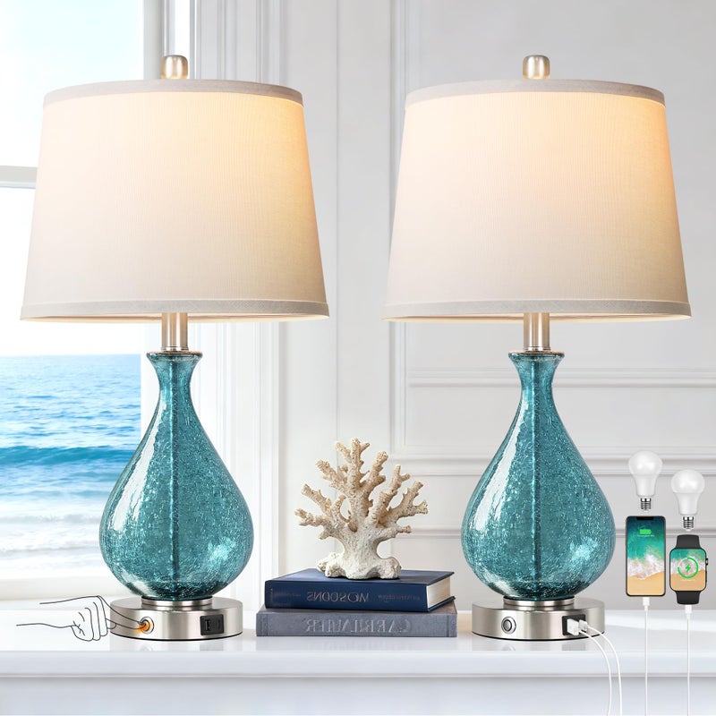 QiMH Glass Table Lamp for Living Room Bedroom Set of 2, 22.5" LED Light with Touch Control, Blue 3 Way Dimmable Modern Bedside Lamps for Home Decor with White Fabric Shade - Image 1