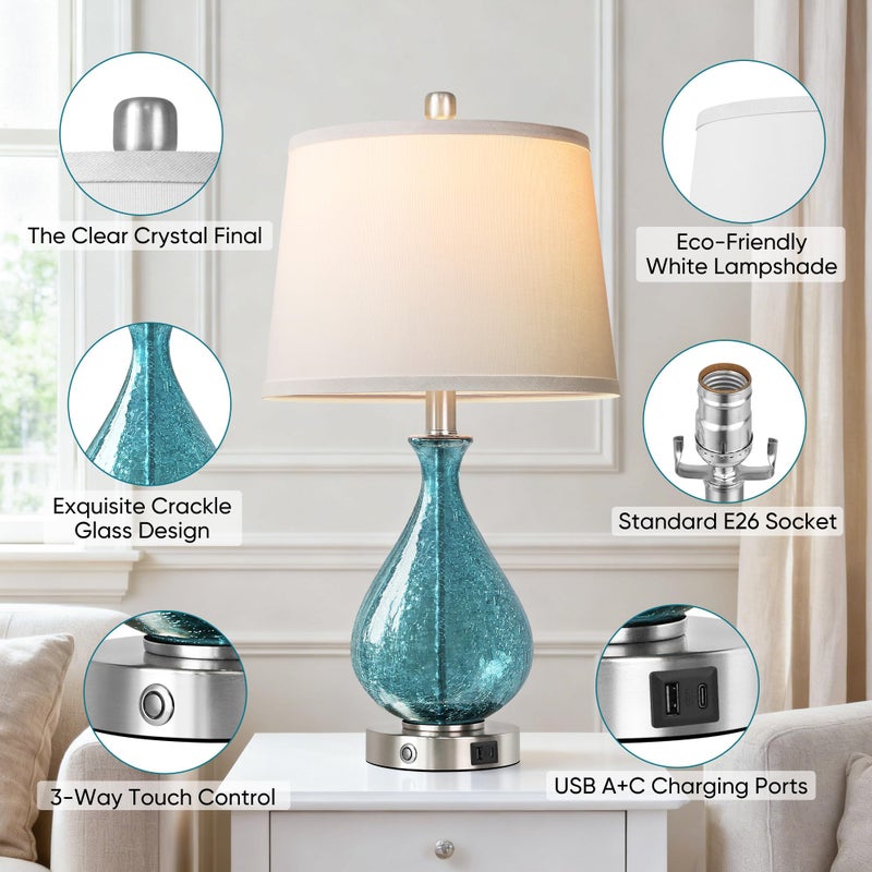 QiMH Glass Table Lamp for Living Room Bedroom Set of 2, 22.5" LED Light with Touch Control, Blue 3 Way Dimmable Modern Bedside Lamps for Home Decor with White Fabric Shade - Image 4