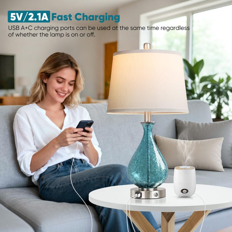 QiMH Glass Table Lamp for Living Room Bedroom Set of 2, 22.5" LED Light with Touch Control, Blue 3 Way Dimmable Modern Bedside Lamps for Home Decor with White Fabric Shade - Image 5