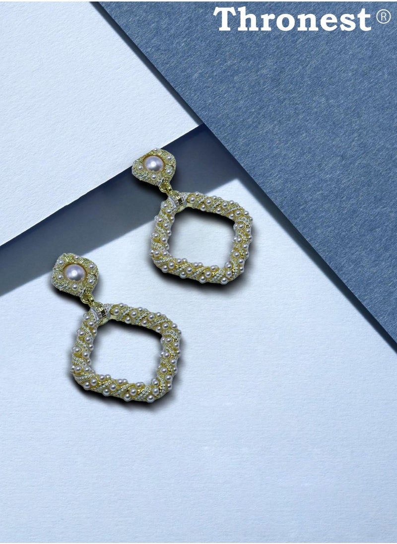Thronest - My Mother Series , Elegant Gold Pearl Drop Earring，Square design ，unique and generous，Suitable for daily life, attending parties, weddings,Mother's Day Gifts - Image 1