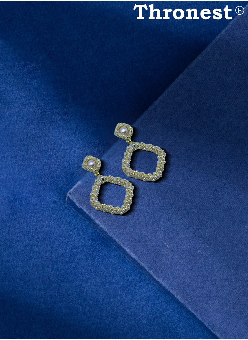 Thronest - My Mother Series , Elegant Gold Pearl Drop Earring，Square design ，unique and generous，Suitable for daily life, attending parties, weddings,Mother's Day Gifts - Image 1