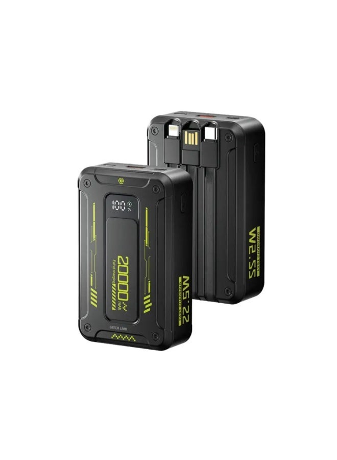 GREEN LION Xtreme 20 Power Bank 20000mAh, PD 22.5W, Built-in Cable, Lightning & USB-C Cables, USB-A & USB-C Ports, Digital Display, Lightning Cable, USB-C Cable, USB-A Port, USB-C Port - Black - Image 1