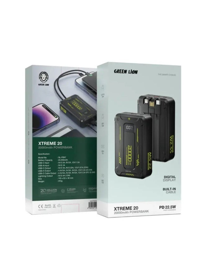 GREEN LION Xtreme 20 Power Bank 20000mAh, PD 22.5W, Built-in Cable, Lightning & USB-C Cables, USB-A & USB-C Ports, Digital Display, Lightning Cable, USB-C Cable, USB-A Port, USB-C Port - Black - Image 2