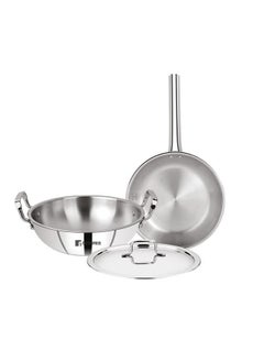 BERGNER Bergner Tripro Triply Stainless Steel 3 Pc Cookware Set, 24 cm Indian Wok/Kadai with Lid, 22 cm Frypan Without Lid, Fast and Event Heating, Induction Bottom, Gas Ready, Silver  - Image 1