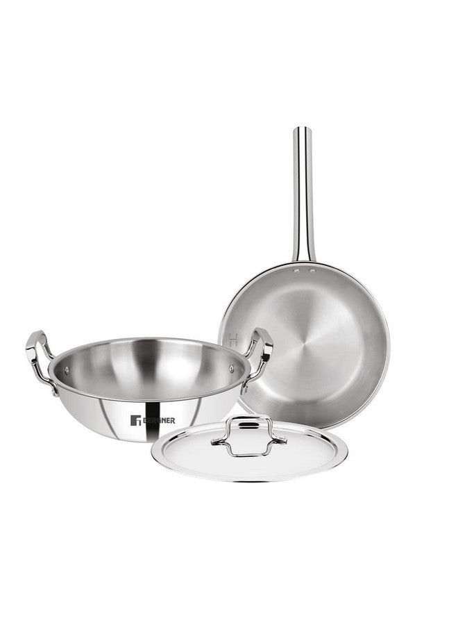 بيرجنر طقم أواني طهي بيرجنر تريبرو تريبلي من الفولاذ المقاوم للصدأ، 3 قطع، مقلاة ووك/كاداي هندية 24 سم مع غطاء، مقلاة 22 سم بدون غطاء، تسخين سريع وفعال، قاعدة حثية، جاهزة للغاز، لون فضي - Image 1