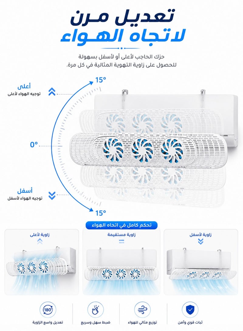 موجه هواء المكيف المطور المزود بـ 3 مراوح مدمجة - حاجب وموزع ذكي لتيار الهواء البارد والساخن، لوح شفاف قابل للتعديل والتمدد (٥٥  إلى ٨٥ سم) متوافق مع مكيفات السبلت لغرف نوم صحية ومريحة - Image 2