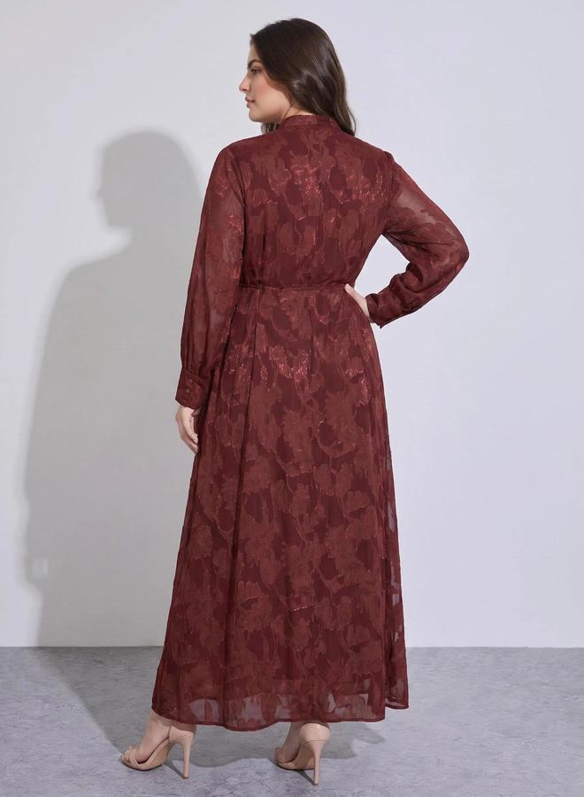 Styli Plus Size Burgundy Tie-Up Waist Jacquard A-Line Maxi Dress - Image 4