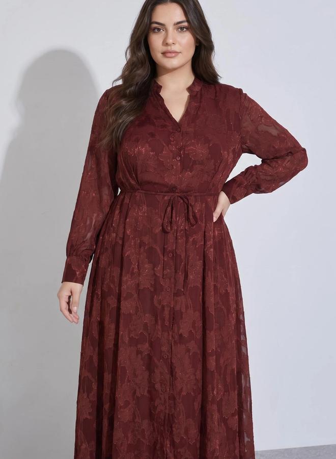 Styli Plus Size Burgundy Tie-Up Waist Jacquard A-Line Maxi Dress - Image 2