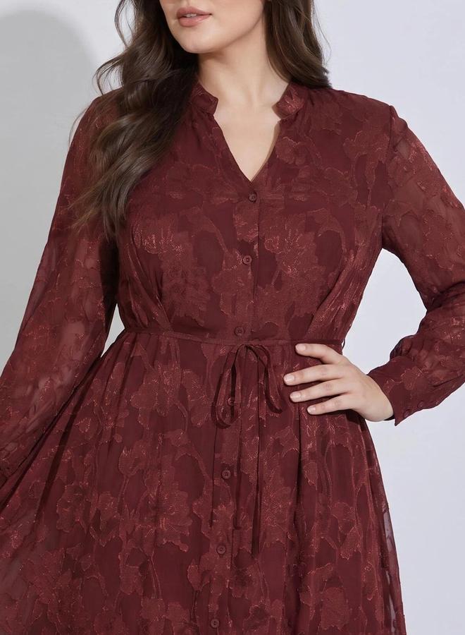 Styli Plus Size Burgundy Tie-Up Waist Jacquard A-Line Maxi Dress - Image 3