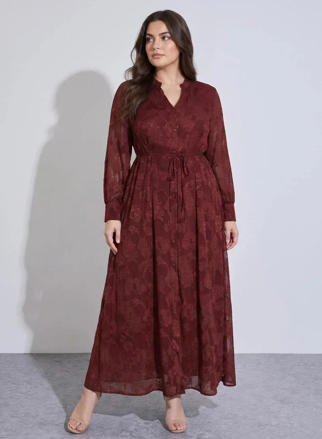 Plus Size Burgundy Tie-Up Waist Jacquard A-Line Maxi Dress