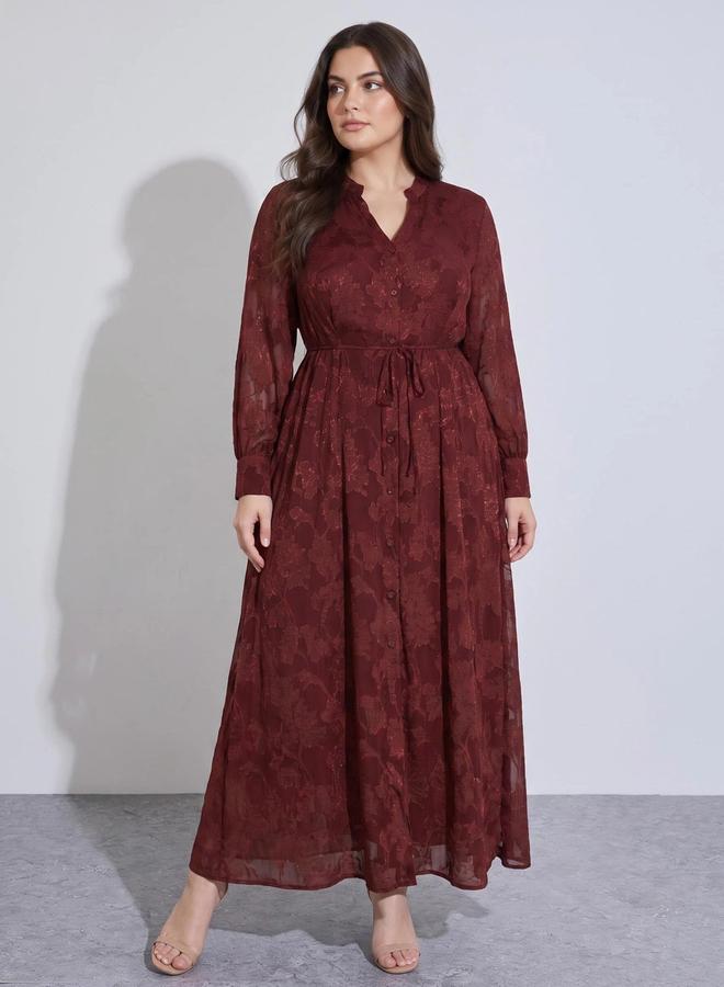 Styli Plus Size Burgundy Tie-Up Waist Jacquard A-Line Maxi Dress - Image 1