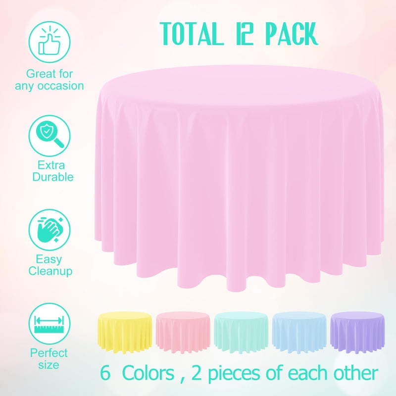 MASHAN 12Pcs Plastic Round Pastel Color Tablecloths,Mix Color Table Cloth Disposable Round Table Covers for Baby Shower, Wedding,Birthday Party,Spring Easter and Summer Party Decorations, 84 Inch - Image 3