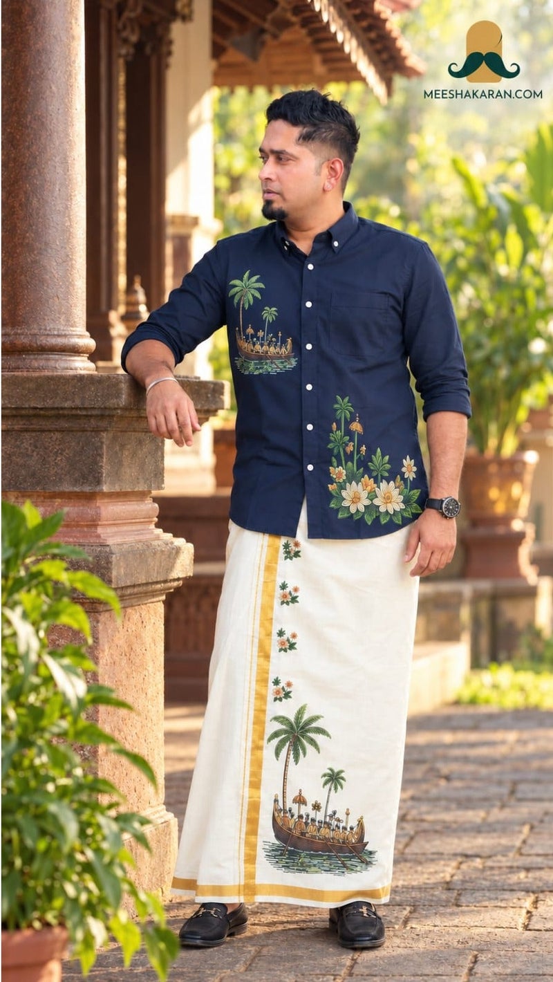 meeshakaran.com Men's Premium Kerala Heritage Printed Shirt and Mundu combo - Image 4
