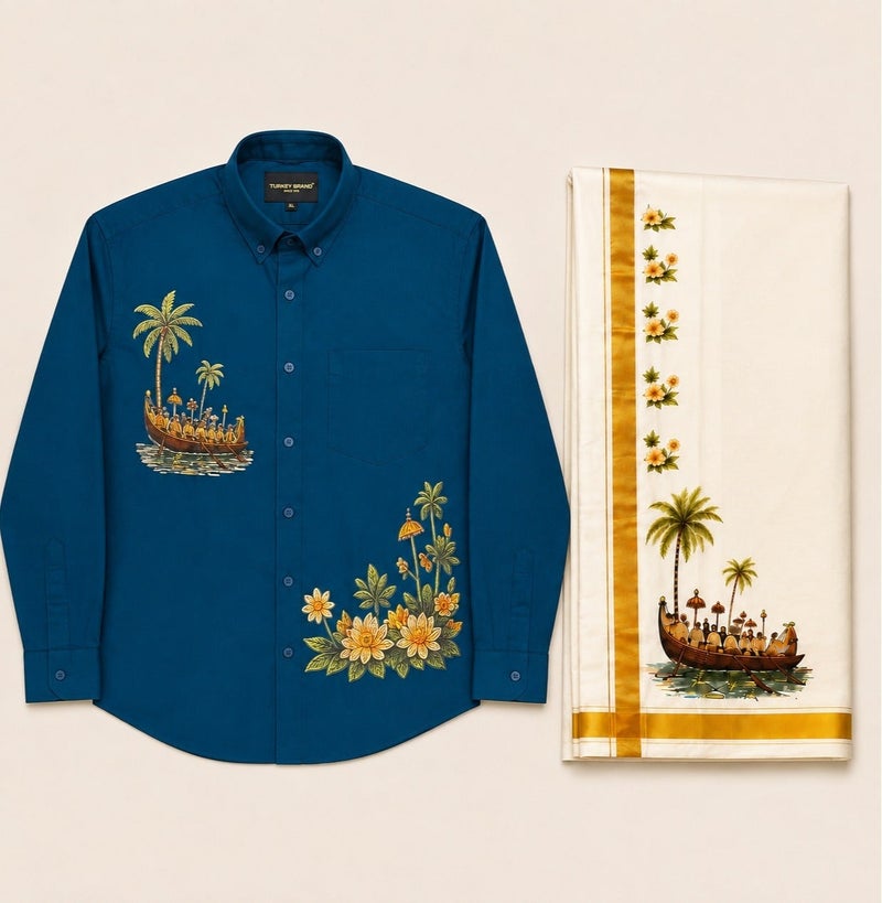 meeshakaran.com Men's Premium Kerala Heritage Printed Shirt and Mundu combo - Image 1