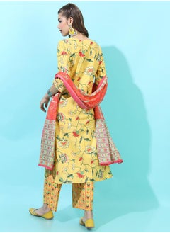 Vishudh Women Yellow Floral Cotton Kurta Set with Dupatta  - Image 3
