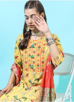 Vishudh Women Yellow Floral Cotton Kurta Set with Dupatta  - Image 2