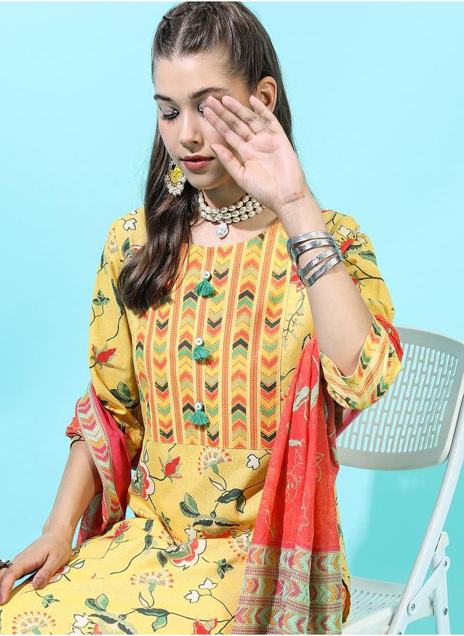 Vishudh Women Yellow Floral Cotton Kurta Set with Dupatta by Styli  - Image 2
