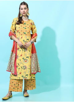 Vishudh Women Yellow Floral Cotton Kurta Set with Dupatta  - Image 4
