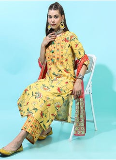 Vishudh Women Yellow Floral Cotton Kurta Set with Dupatta  - Image 1