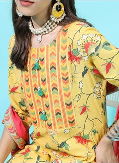Vishudh Women Yellow Floral Cotton Kurta Set with Dupatta  - Image 5