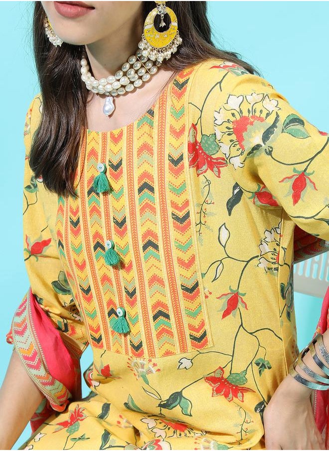 Vishudh Women Yellow Floral Cotton Kurta Set with Dupatta by Styli  - Image 5