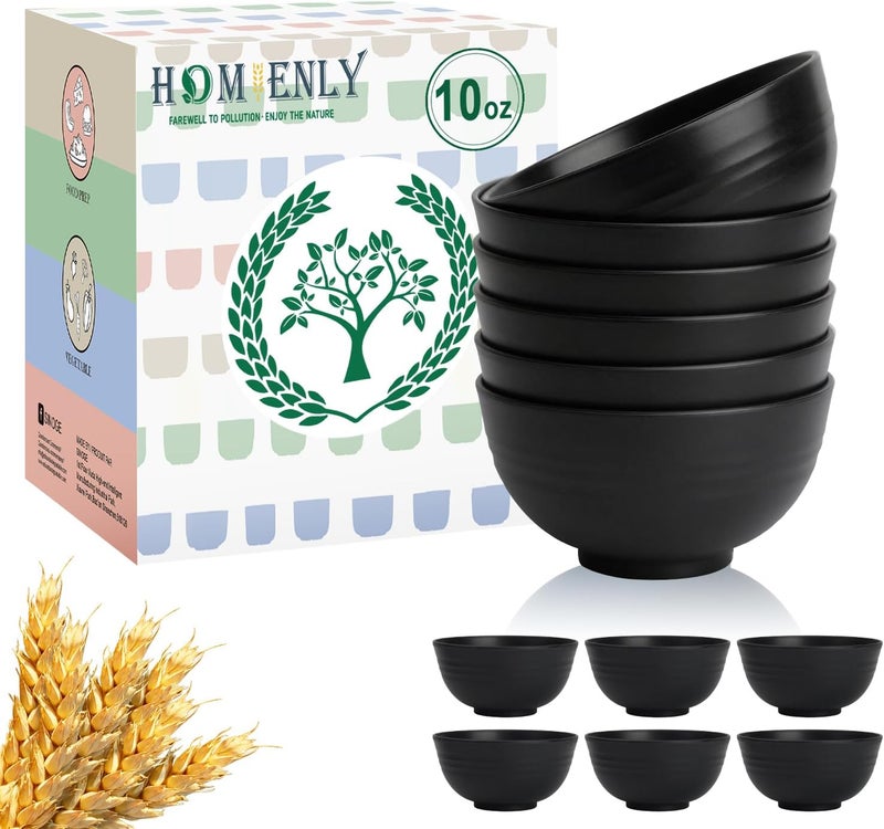 Homienly Small Bowls Unbreakable Wheat Straw Dessert Bowls 10 OZ Lightweight Stackable Bowls for Camping,RV Dishwasher Safe Plastic Cereal Bowls for New Home,Dorm,Outdoor(Black, 6PCS) - Image 1