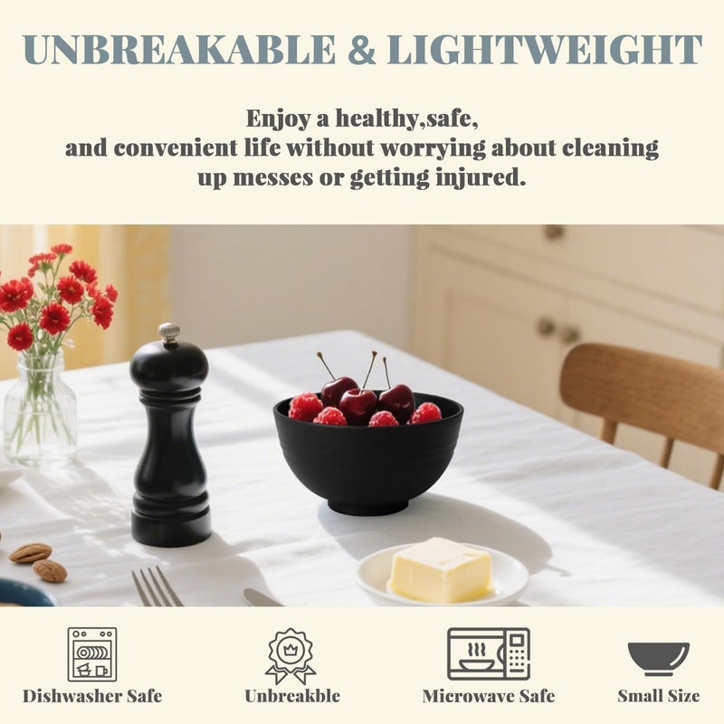 Homienly Small Bowls Unbreakable Wheat Straw Dessert Bowls 10 OZ Lightweight Stackable Bowls for Camping,RV Dishwasher Safe Plastic Cereal Bowls for New Home,Dorm,Outdoor(Black, 6PCS) - Image 3