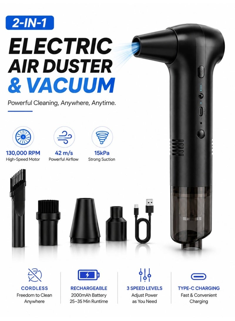 Eworld 2-in-1 Cordless Electric Air Duster & Vacuum, 130,000 RPM Brushless Motor, 42 m/s Airflow & 15kPa Suction, 3 Speed Levels, 2000mAh Rechargeable Type-C, 5 Attachments for Car, PC & Home - Image 1