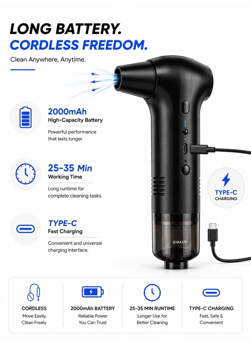 Eworld 2-in-1 Cordless Electric Air Duster & Vacuum, 130,000 RPM Brushless Motor, 42 m/s Airflow & 15kPa Suction, 3 Speed Levels, 2000mAh Rechargeable Type-C, 5 Attachments for Car, PC & Home - Image 4