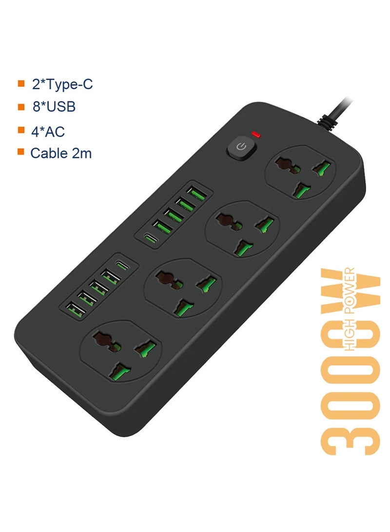 Captaintech Power Socket With 4 Universal Socket And USB Type-C Port Multiprise Network Filter Power Strip With 2M Extension Cord Safety on - Image 1