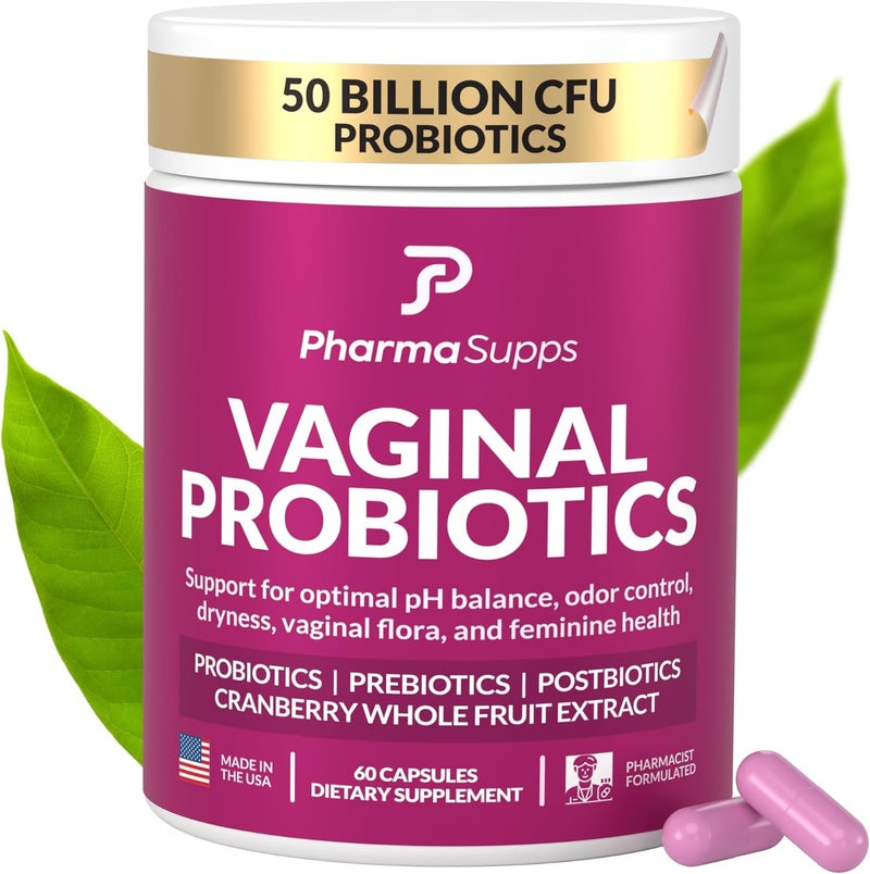 PharmaSupps بروبيوتيك للنساء لصحة المهبل 50 مليار CFU مع البروبيوتيك والبرابيتيك والبوستبيوتيك والتوت البري لتحقيق توازن pH ودعم المسالك البولية وصحة الخميرة وصحة الأمعاء والرائحة والجفاف وراحة النساء - Image 1