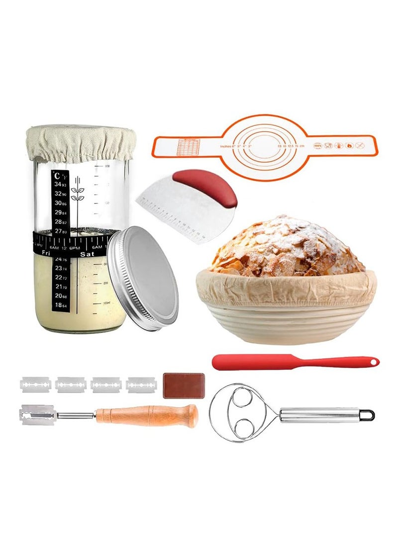 Sourdough Starter Kit Banneton Bread Proofing Basket Set, 1000ml/34oz Large Capacity Sourdough Starter Jar, with silicone bread sling, for Reusable Bread Making Baking Fermentation Supplies - Image 1