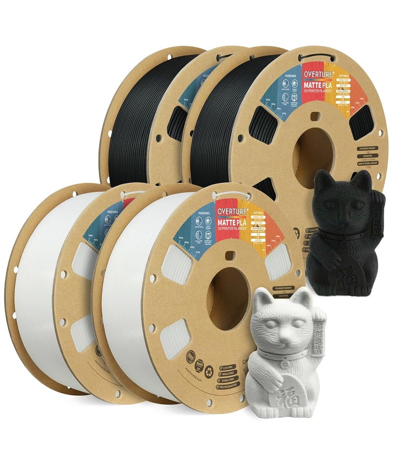 OVERTURE 4KG Bundle Matte PLA 3D Printer Filament 1.75mm, Matt Surface & Low Warping Filament 4 Pack 1kg Spool (2.2 lbs), Fit Most FDM Printers (Matte Black*2+Matte White*2) - Image 1