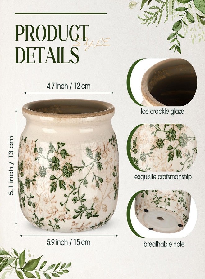 Ninehaoou Vintage Planter Large Ceramic Plants Pot Green Pink Pastoral Floral Ice Crack Cottage Scroll Vase Flower Vase Pot Indoor Plants Home Kitchen Decor Farmhouse Antique Decorative Gifts - Image 2