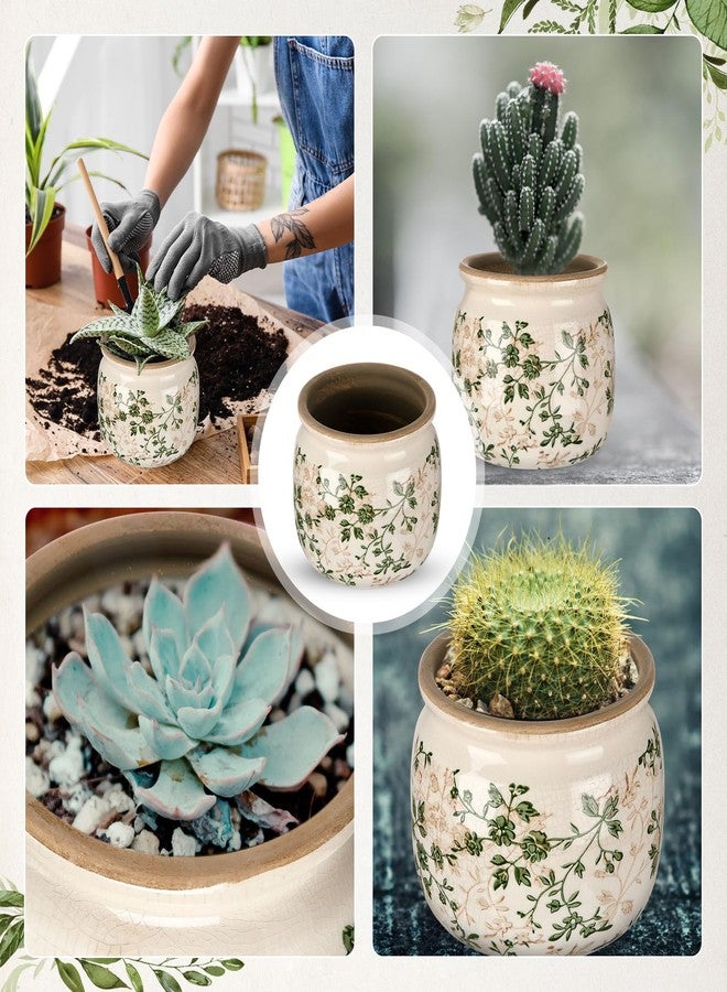 Ninehaoou Vintage Planter Large Ceramic Plants Pot Green Pink Pastoral Floral Ice Crack Cottage Scroll Vase Flower Vase Pot Indoor Plants Home Kitchen Decor Farmhouse Antique Decorative Gifts - Image 4