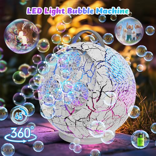 IFLOVE Bubble Machine for Kids Toddlers45360 Rotatable Spherical Bubble Maker Toy with LED LightRechargeable Bubble Blower for 3 4 5 Year OldWedding Party Easter Birthday Gifts Spherical White Crack - Image 5