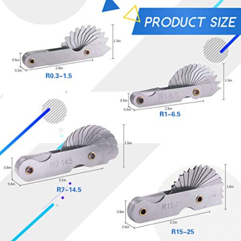 مجموعة قياس نصف القطر من Glarks 4 قطع R0.3-1.5/ R1-6.5/ R7-14.5/ R15-25، أداة قياس محدبة مقعرة محمولة من الفولاذ المقاوم للصدأ لفحص صانعي الأدوات والقالب - Image 2
