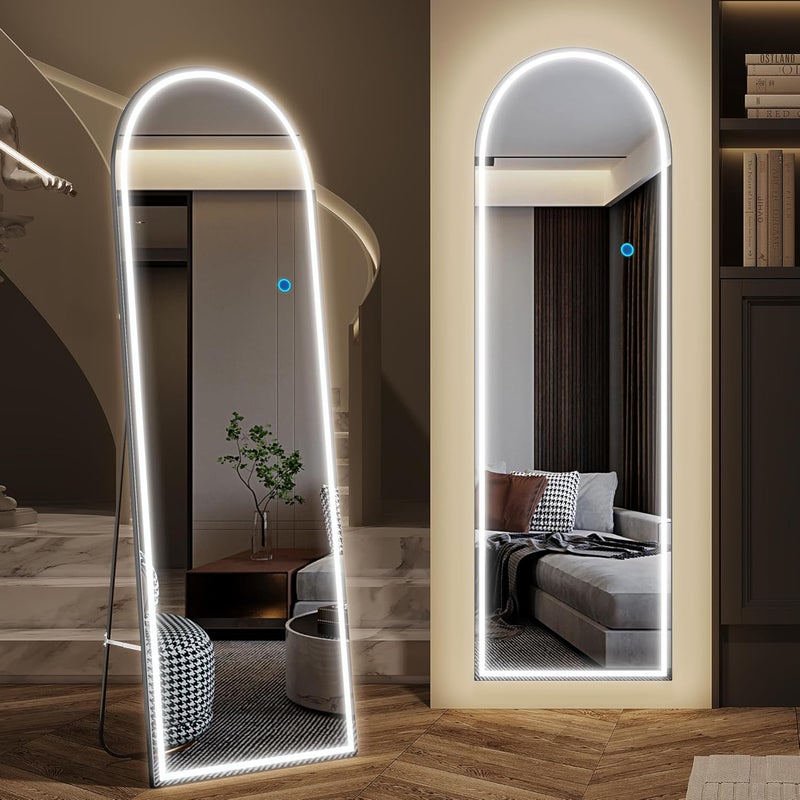 مرآة على شكل قوس بطول كامل، مزودة بإضاءة LED، بمقاس 153 × 50 سم، مرآة حديثة كبيرة للحائط، مرآة أرضية مضيئة بدون إطار، مرآة مستقلة مناسبة لغرف النوم وغرف المعيشة، باللون الأسود. - Image 1