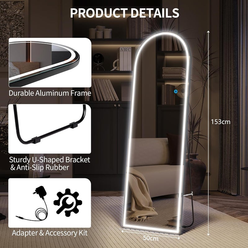 مرآة على شكل قوس بطول كامل، مزودة بإضاءة LED، بمقاس 153 × 50 سم، مرآة حديثة كبيرة للحائط، مرآة أرضية مضيئة بدون إطار، مرآة مستقلة مناسبة لغرف النوم وغرف المعيشة، باللون الأسود. - Image 2