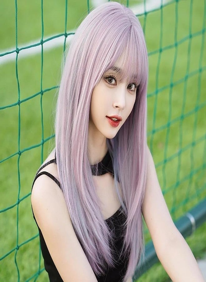 AIKO PRO 24 Inch Long Straight Wig for Women, Natural Synthetic Wig with Bangs, Party, Cosplay & Costume Halloween Wigs, Purple Pink - Image 2
