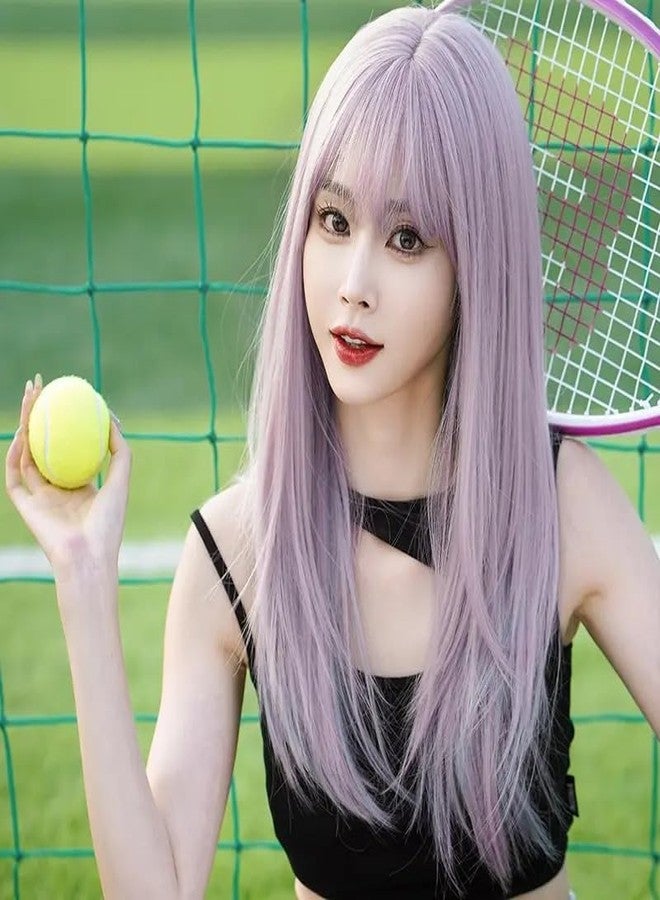 AIKO PRO 24 Inch Long Straight Wig for Women, Natural Synthetic Wig with Bangs, Party, Cosplay & Costume Halloween Wigs, Purple Pink - Image 3