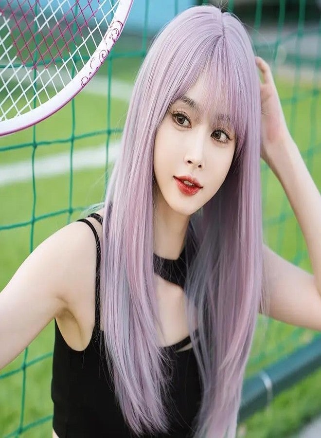 AIKO PRO 24 Inch Long Straight Wig for Women, Natural Synthetic Wig with Bangs, Party, Cosplay & Costume Halloween Wigs, Purple Pink - Image 5