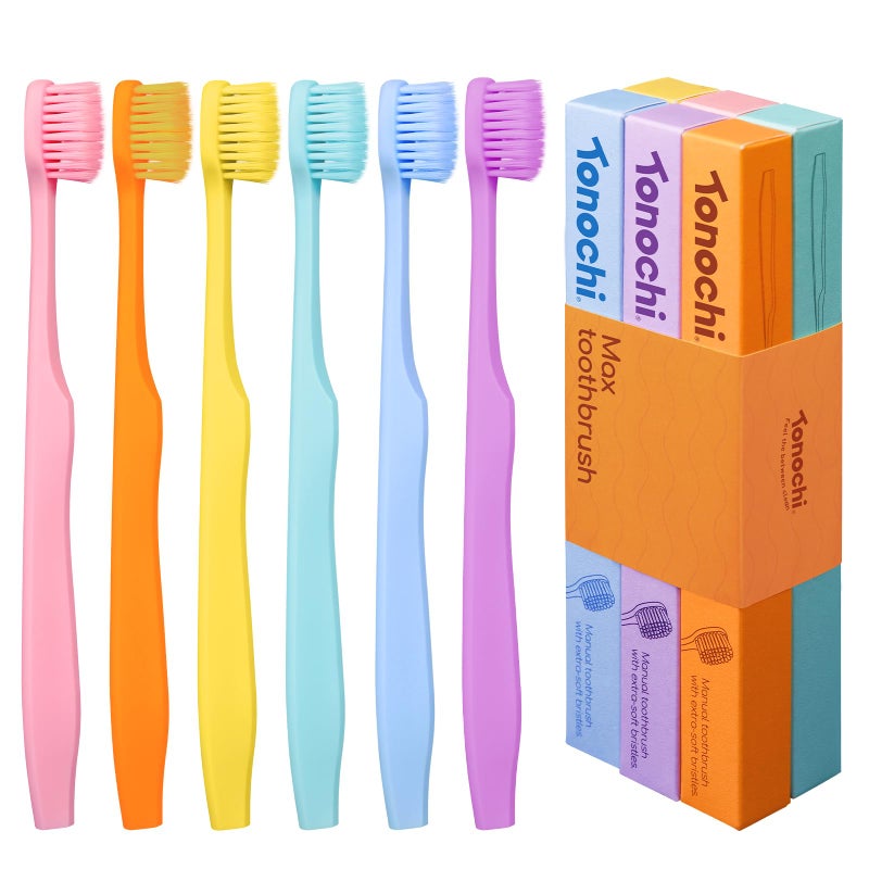 Tonochi Max Extra Soft Toothbrush for Adults with Sensitive Gums, Soft Bristle Toothbrushes, Wide Head for Back Teeth, Ergonomic Non-Slip Grip, Individually Wrapped, BPA Free, 6 Pack Rainbow Mix - Image 1