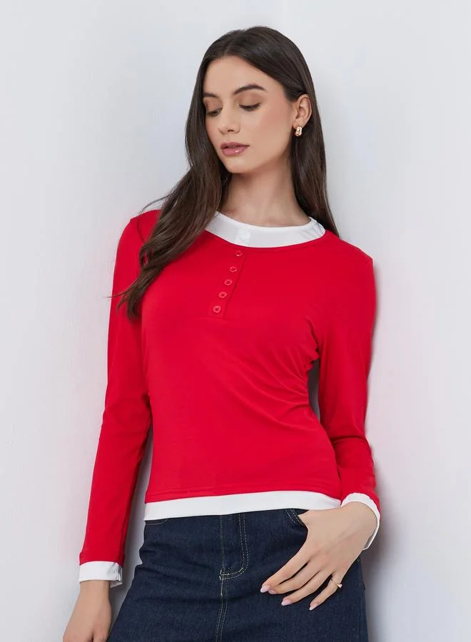 Take Two Take Two Fake Two-Piece Contrast Trim Knit Top