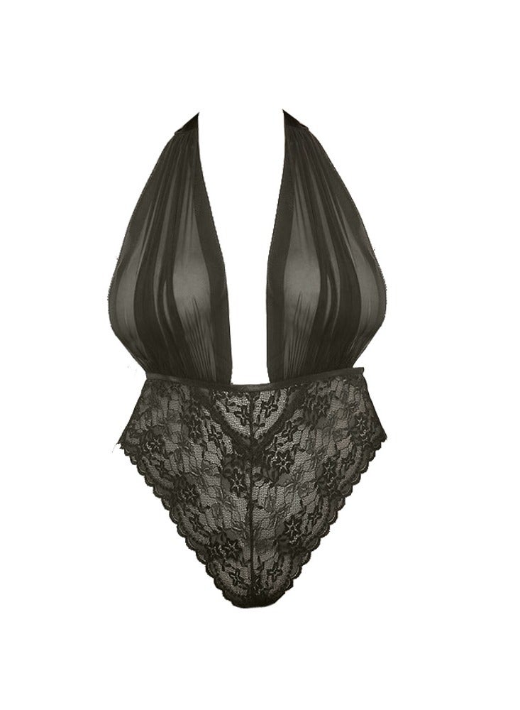 MARGOUN ملابس داخلية نسائية بحجم XL من الدانتيل بتصميم V عميق ورقبة هالتر قطعة واحدة تيدي بدون ظهر ملابس نوم سوداء /W405