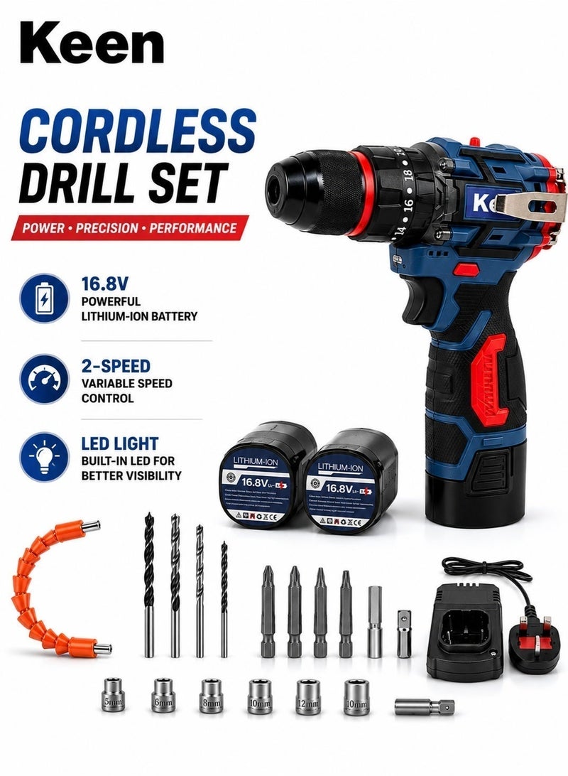 Keen OS-213 Cordless Drill Driver Kit with Carry Case Torque Adjustable Power Drill Impact Drilling & Screw Driving Built-in LED Work Light - Image 2