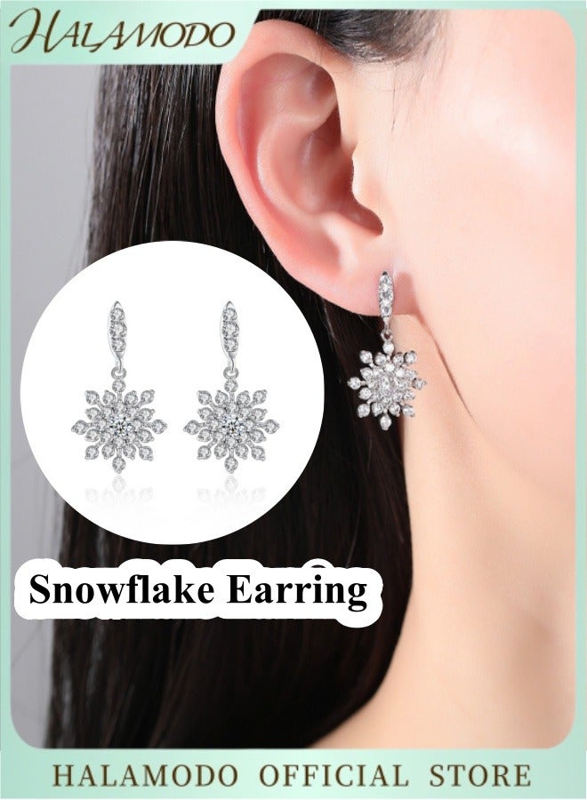 HALAMODO Women's Snowflake Earring Sterling Silver Cubic Zirconia Winter Party Flower Snowflake Dangle Drop Earrings Jewelry as Jewelry Gifts for Girls  - Image 1