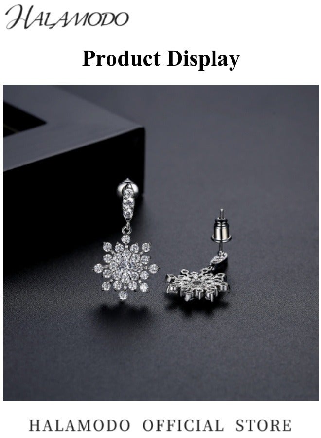 HALAMODO Women's Snowflake Earring Sterling Silver Cubic Zirconia Winter Party Flower Snowflake Dangle Drop Earrings Jewelry as Jewelry Gifts for Girls  - Image 2